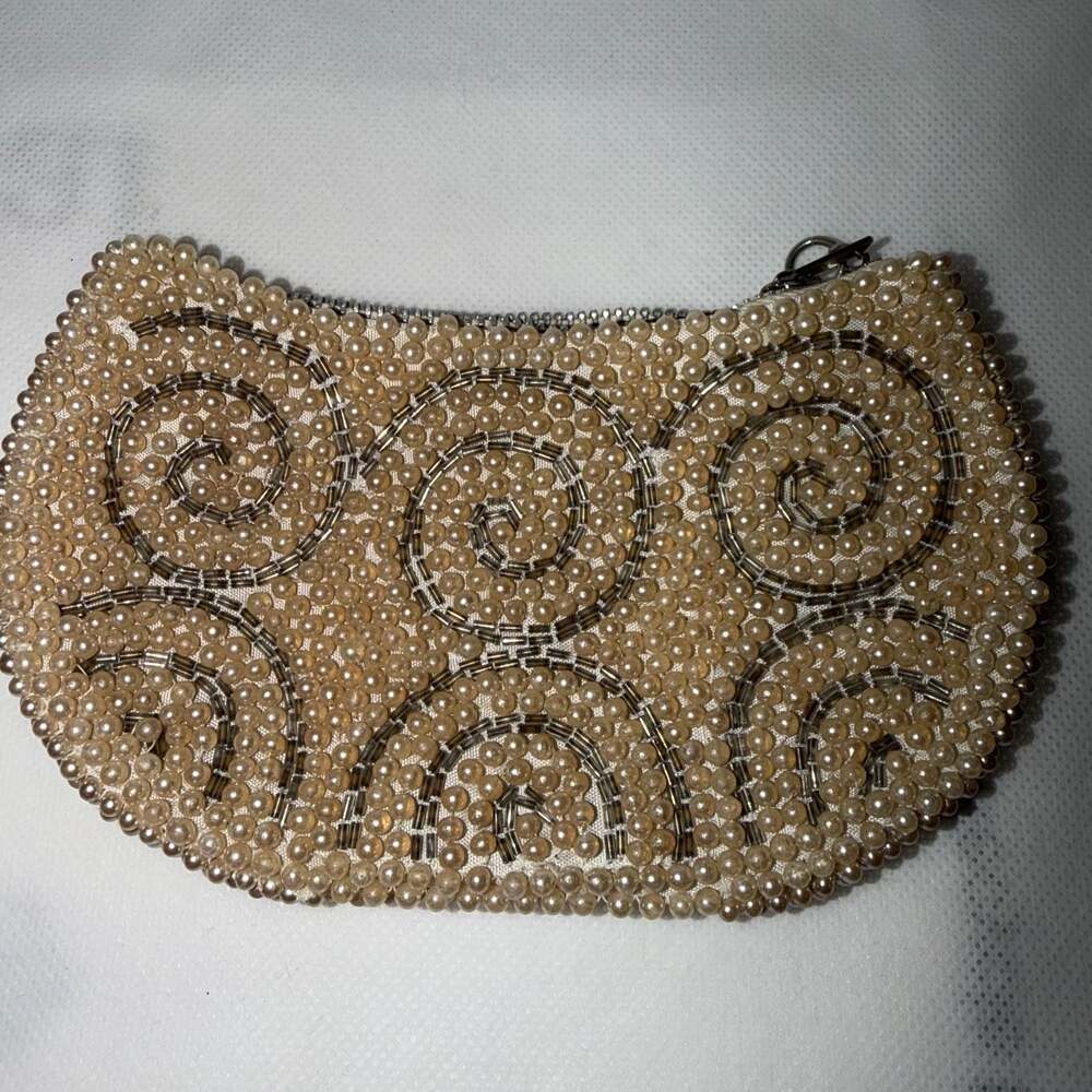 Vintage 60s Japan EMSON Swirl Design Pearl Bead Evening Clutch